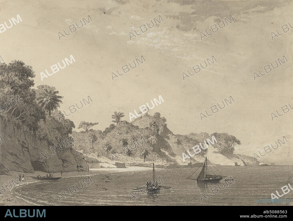 Cedros Bay, Michel Jean Cazabon, 18141888, Trinidadian, active in France ca. 1839-1847, 1857, Pen and black ink, gray ink, gray wash, black wash, graphite, gouache and scratching out on mediium, slightly texturerd, cream, wove paper, Sheet: 7 1/8 × 10 1/16 inches (18.1 × 25.6 cm), beach, beach, boats, coast, figures, islands, landscape, marine art, peninsula, sails, trees, Trinidad.