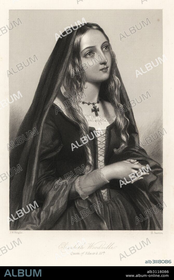Elizabeth Woodville, queen of King Edward IV of England. Steel engraving by H.C. Austin after a portrait by J.W. Wright from Mary Howitt's Biographical Sketches of The Queens of England, Virtue, London, 1868.