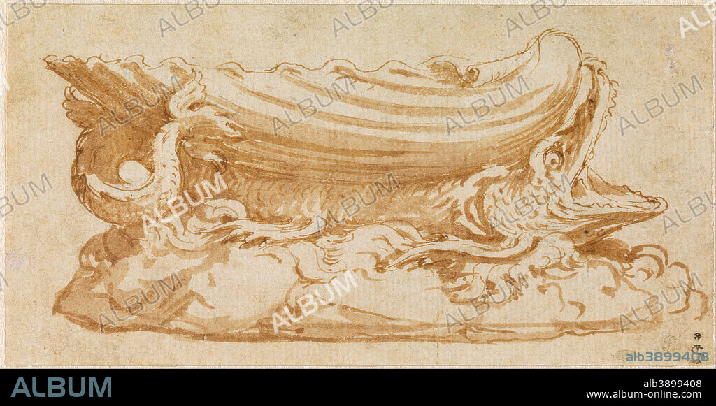 GIULIO ROMANO. Design for a silver saltcellar. Date/Period: 1524-46. Drawing. Pen and brown ink, brush and brown wash on cream laid paper.