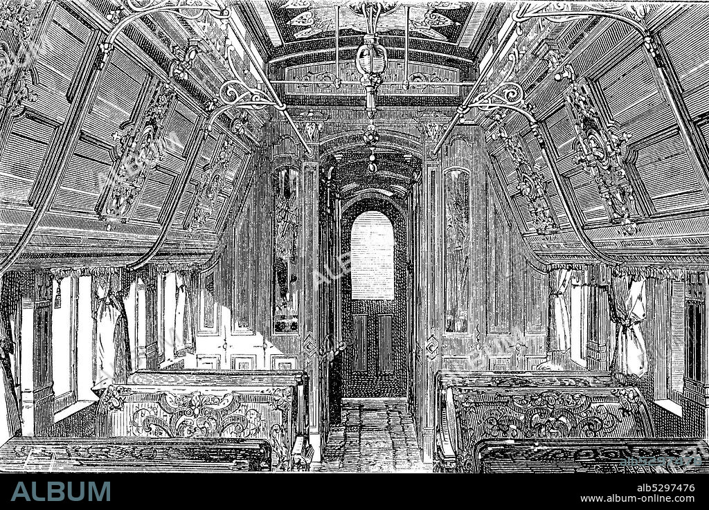 Interior of a Pullman car, sleeping car or sleeper, wagon-lit, a railway passenger car that can accommodate all its passengers in beds of one kind or another  /   luxuriöser Schlafwagen der amerikanischen Bahn, entwickelte George Mortimer Pullman in den Jahren 1859 - 1863, Reproduction of an original print from the 19th century, digital improved / Reproduktion einer Vorlage aus dem 19. Jahrhundert, digital verbessert.