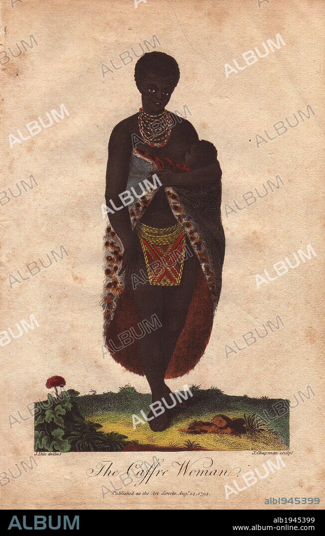 "The Caffre Woman." Woman of South Africa, nursing a baby.. . Hand-colored copperplate engraving from a drawing by Johann Ihle from Ebenezer Sibly's "Universal System of Natural History" 1794. The prolific Sibly published his Universal System of Natural History in 1794~1796 in five volumes covering the three natural worlds of fauna, flora and geology. The series included illustrations of mythical beasts such as the sukotyro and the mermaid, and depicted sloths sitting on the ground (instead of hanging from trees) and a domesticated female orang utan wearing a bandana. The engravings were by J. Pass, J. Chapman and Barlow copied from original drawings by famous natural history artists George Edwards, Albertus Seba, Maria Sybilla Merian, and Johann Ihle.