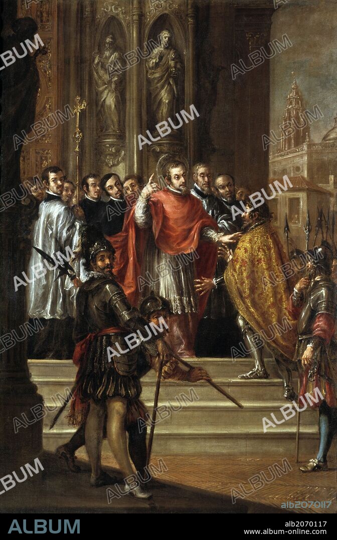 JUAN DE VALDÉS LEAL. Juan de Valdés Leal / 'San Ambrosio negando al emperador Teodosio la entrada en el templo', Hacia 1673, Escuela Española, Óleo sobre Lienzo, 165 cm x 110,5 cm, P07821.