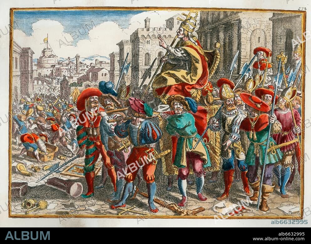 Sacco di Roma, 6. Mai 1527. (Plünderung der Stadt Rom durch die span. u. deutschen Truppen Karls V.). Landsknechte verspotten den Papst durch Nachahmung eines päpstl. Umzuges. Kupferstich von Matthäus Merian (1593-1650). Aus: Joh. Ludw. Gottfried, Historische Chronica, Frankfurt a. M. (Merian). 1630, S. 720. Spätere Kolorierung.