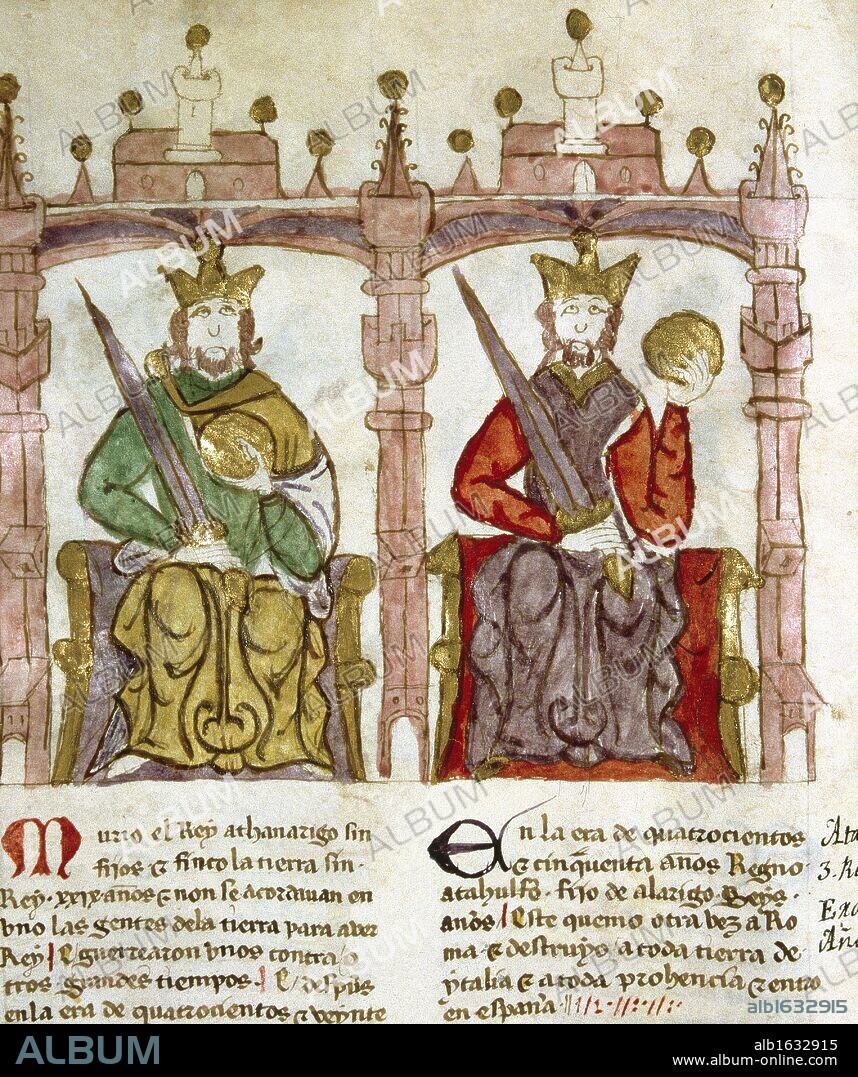 ATAULFO. Rey visigodo (izquierda) (410-415). Sucesor de Alarico I. Asentó a su pueblo en una de las provincias de las Galias. Ataulfo, casado con Gala Placidia (414), estableció su corte en Barcelona, donde fue asesinado por un miembro de su séquito. Miniatura del manuscrito "Semblanzas de Reyes. Biblioteca Nacional de Madrid. España.