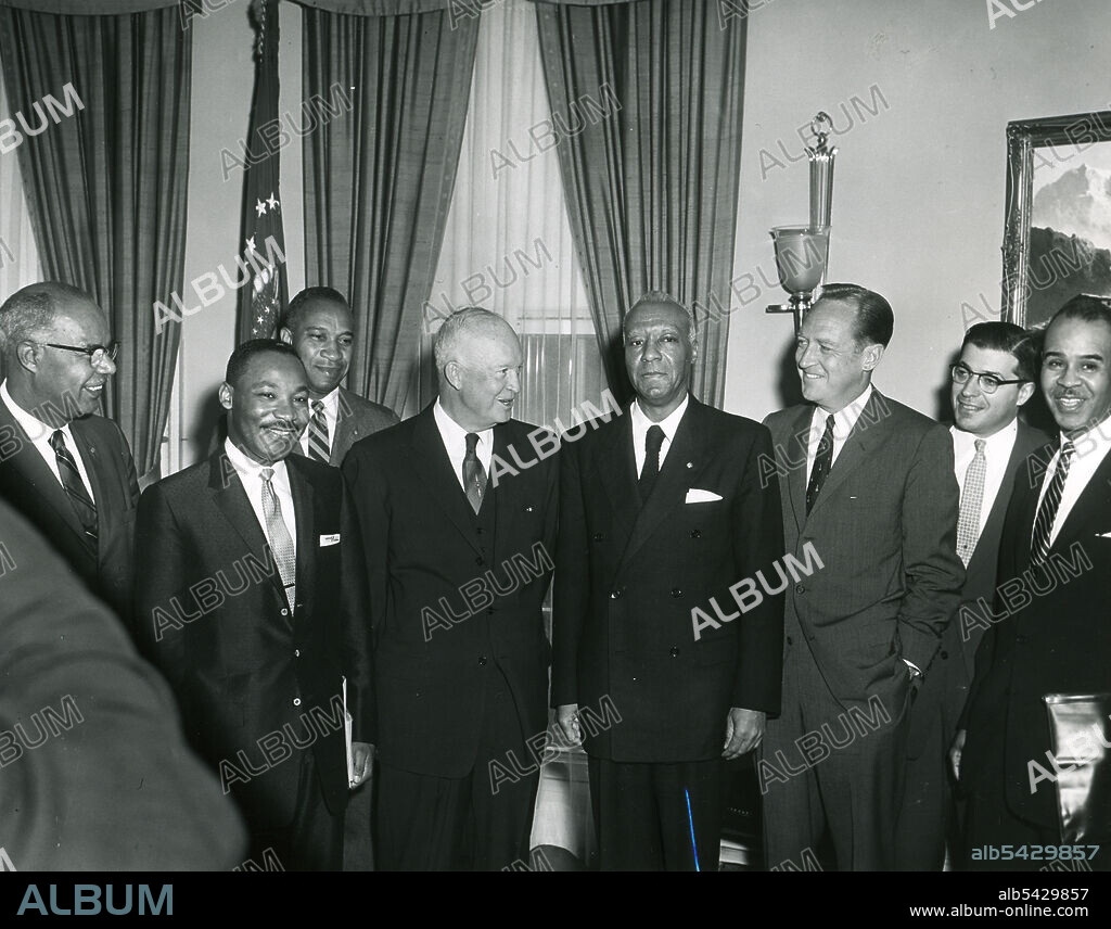 White House, June 23, 1958 -- President Eisenhower meets with Negro leaders to discuss desegregation. From left to right: Lester B. Granger, Executive Secretary, National Urban League; Dr. Martin Luther King, Jr., President of the Southern Leadership Conference; E. Frederic Morrow, Administrative Officer, The White House; President Eisenhower; Asa Philip Randolph, Vice-President, AFL-CIO; Attorney-General William Pierce Rogers; Rocco Siciliano, Special Assistant to the President; Roy Wilkins, Executive Secretary, National Association for the Advancement of Colored People. Photo: Abbie Rowe.