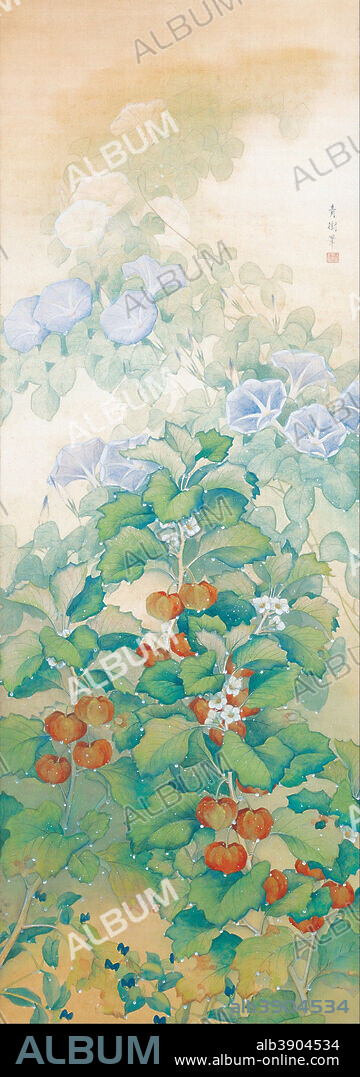 OMODA SEIJU. Morning Dew. Date/Period: 1923. Japanese Painting. Color on silk. Height: 1,428 mm (56.22 in); Width: 503 mm (19.80 in).