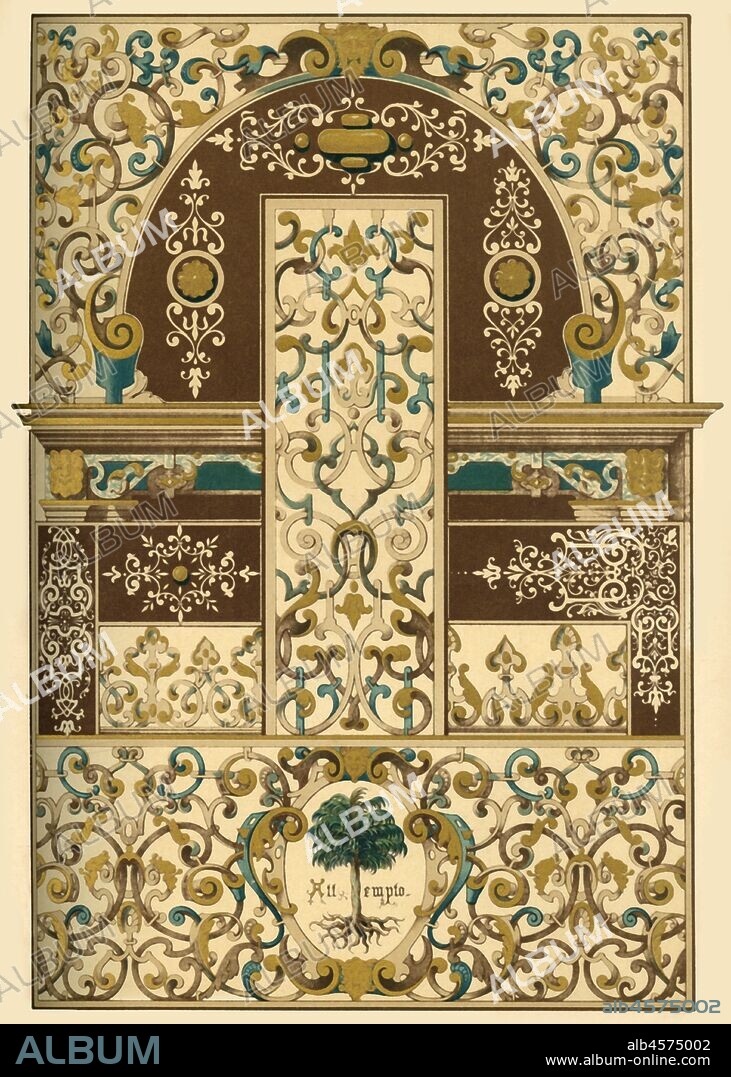 German Renaissance ceiling and wall painting, (1898). 'Fig 1: Spandril on wall compartments. Fig 2: Panel in a window flanning. Figs 3 and 4: Decorations of columns. Fig 5: Decoration on the window parapets. Figs 6 and 7: Middle and corner pieces at the friezes bordering the wall compartments. Figs 8-11: Decoration on the ceiling beams with relief wood rosettes and knos [knots?]. Fig 12: Wooden hood moulding. The whole from the golden hall at Urach [Urach Residential Palace, Bad Urach, Baden-Württemberg]'. The Golden Hall was designed for the wedding of Duke Eberhard im Bart to Italian princess Barbara Gonzaga of Mantua in 1474. It was lavishly redecorated in the 17th century. Plate 78 from "The Historic Styles of Ornament" translated from the German of H. Dolmetsch. [B.T. Batford, London, 1898].
