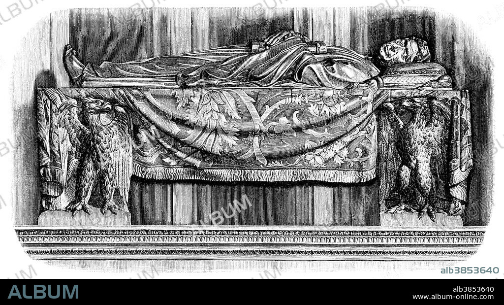 Historical illustration from the 19th Century, the tomb in the Church of Santa Croce of Leonardo Bruni, 1369 - 1444, an Italian humanist and chancellor, Florence, Italy, Europe.