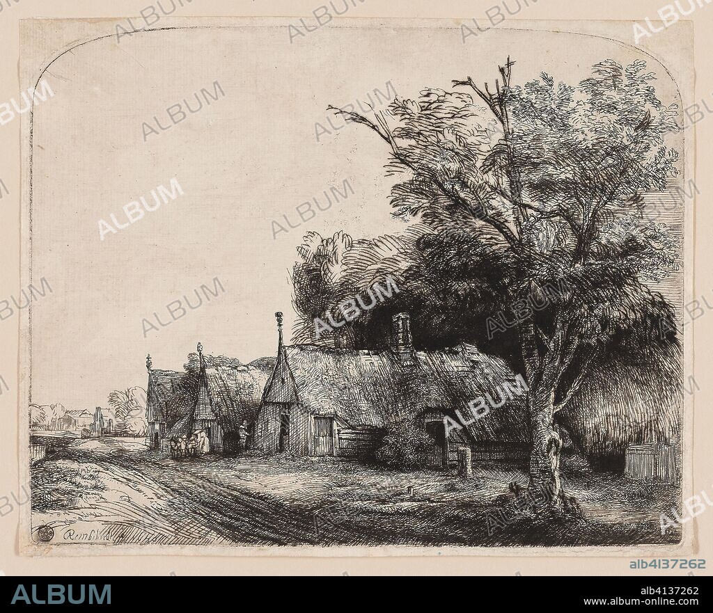 REMBRANDT HARMENSZOON VAN RIJN. Landscape with Three Gabled Cottages Beside a Road. Rembrandt van Rijn; Dutch, 1606-1669. Date: 1650. Dimensions: 161 x 205 mm (image/plate); 167 x 210 mm (sheet). Etching and drypoint in black on cream laid paper. Origin: Holland.