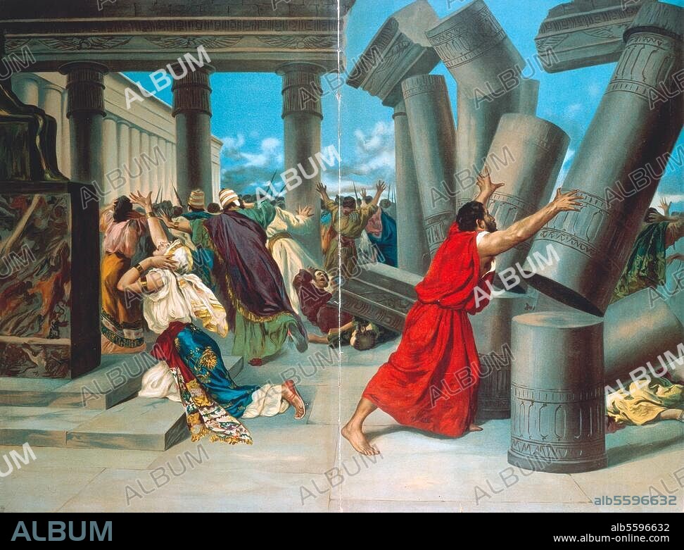 ANONYMOUS. Saint-Saëns, Camille; French composer. 1835-1921. Work: Samson et Dalila. (Opera; Libr. Ferd. Lemaire; prem 1877). Illustration to Act 3 (Samson destroys the Temple). Col. lithograph, anon, Germany, beginning of 20th Century. From a series with illustrations for Samson et Dalila. Paris, Bibliothèque de l'Opéra.