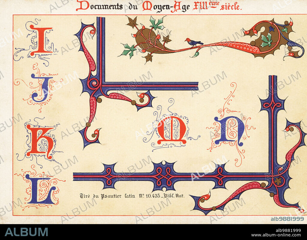 Alphabet of decorative initial letters from I to N, with filigree and foliage, from a 13th century illuminated Latin psalter in the Bibliotheque National, manuscript 10435. Tire du Psautier Latin No. 10.435, Bib. Nat. Chromolithograph designed and lithographed by Ernst Guillot from his Ornementation des Manuscrits au Moyen-Age (Ornamentation from Manuscripts of the Middle Ages), Paris, 1897.