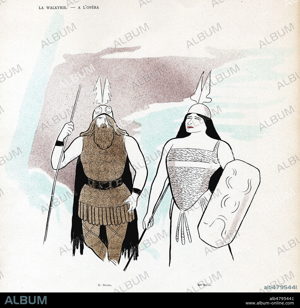 La Walkyrie a l'Opera d'apres Richard WAGNER (1813-1883). Jean-Francois DELMAS (1861-1933) Melle Lucienne BREVAL (1869-1935). Caricature de Leonetto CAPPIELLO (1875-1942) pour 70 dessins de Cappiello de 1905. Credit : Collection Kharbine-Tapabor.