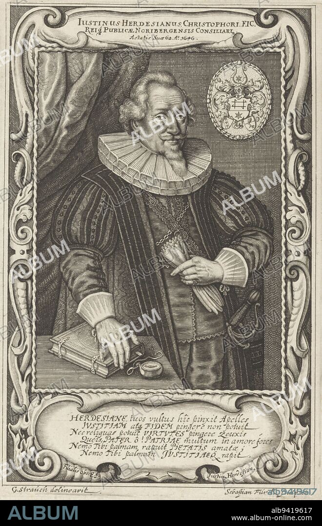 Portrait of Justin Herdesian at age 62, Sebastian Furck, after Georg Strauch, 1646, With poem of praise in Latin., print maker: Sebastian Furck, (mentioned on object), intermediary draughtsman: Georg Strauch, (mentioned on object), Justinus Herdesianus (II), (mentioned on object), 1646, paper, engraving, h 243 mm × w 160 mm.