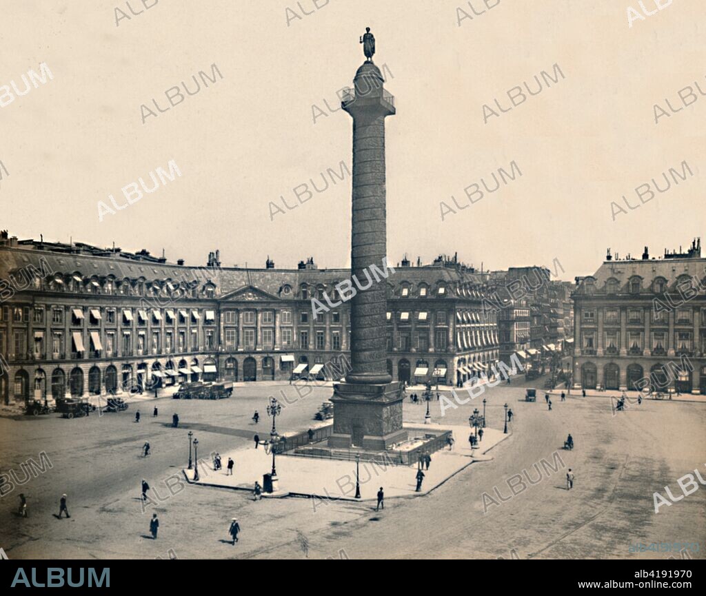 'Paris. - La Place Vendome. - LL, c1910. Architecture by Jules Hardouin-Mansar with original Vendome column erected by Napoleon I to commemorate the Battle of Austerlitz; it was torn down on 16 May 1871, by decree of the Paris Commune, but subsequently re-erected.  t  From "Paris - Album Artistique", by . [Imp. Levy Fils & Cie (LL), Paris, c1910].