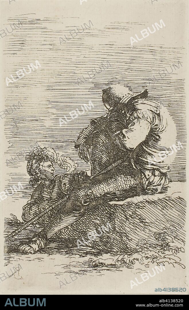 Two warriors, one seated asleep on a foreground rock, from Figurine series. Salvator Rosa; Italian, 1615-1673. Date: 1635-1673. Dimensions: 141 x 90 mm. Etching on ivory laid paper. Origin: Italy.