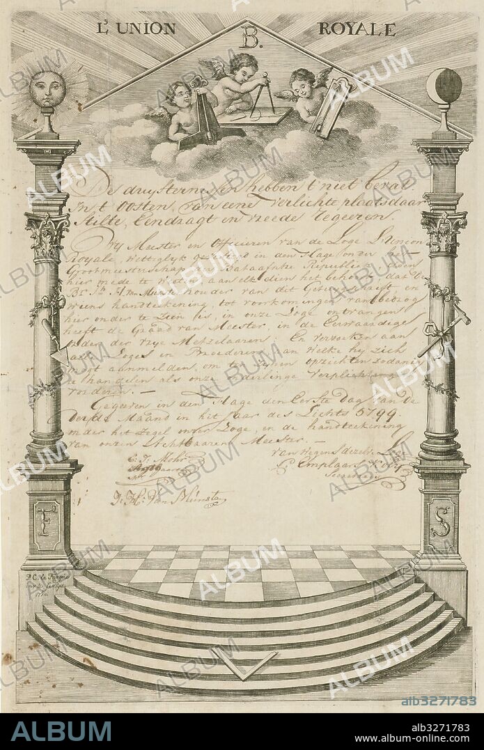 Diploma of the Masonic Lodge "l'Union Royale" in The Hague, The Netherlands, Paulus Constantijn la Fargue, 1774.