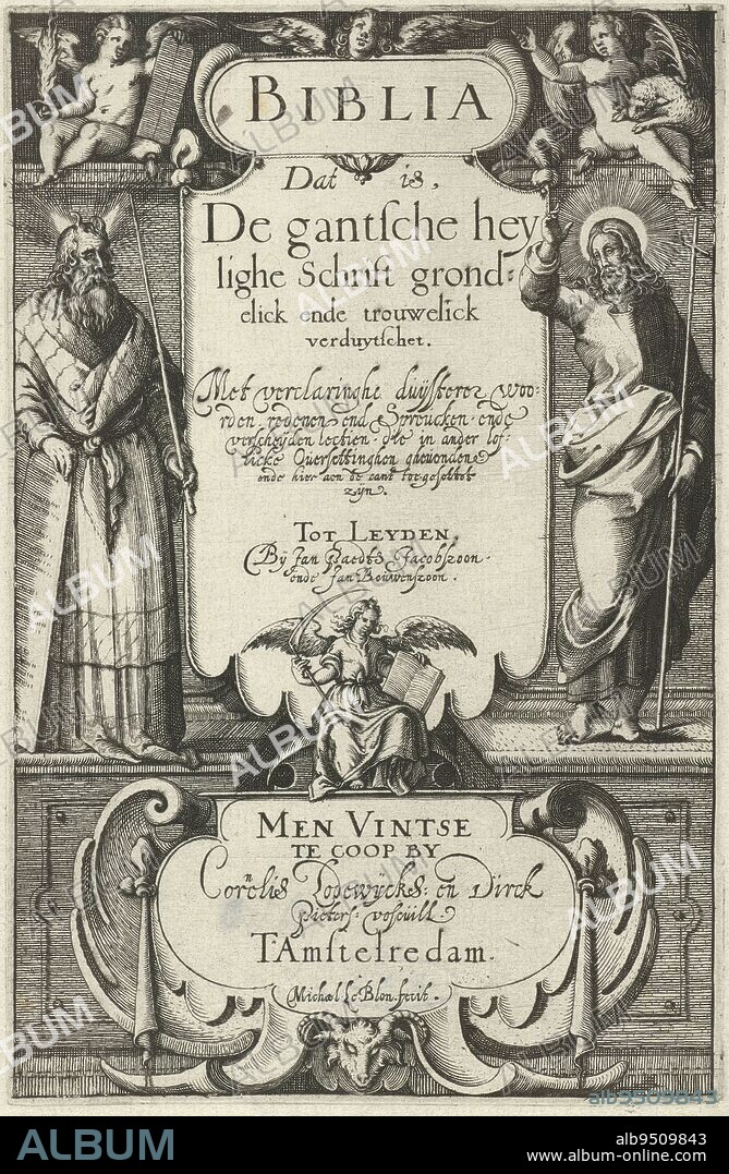 Moses and Christ flank the vellum bearing the title of the work. Above Moses is a putto holding the tablets of the law and a flaming sword, above Christ a putto holding a lamb and a palm branch. Below the vellum is an angel with scythe and open book, Moses and Christ Title page for: Biblia: dat is de gantsche Heylighe Schriftuere, 1614, print maker: Michiel le Blon, (mentioned on object), 1614, paper, etching, engraving, h 144 mm × w 95 mm.