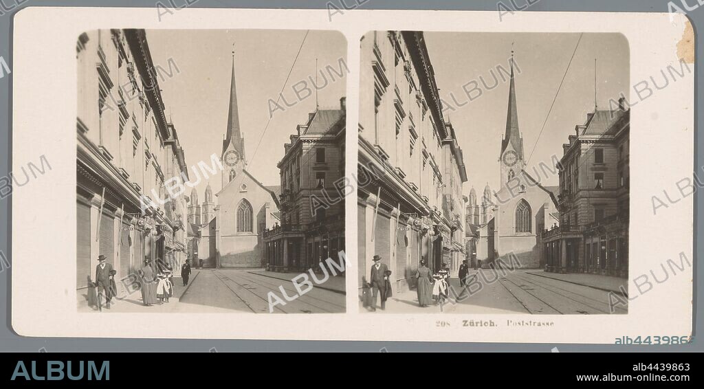 View of the Poststrasse in Zurich Zurich. Poststrasse (title on object), facade (or house or building), street, Neue Photographische Gesellschaft (mentioned on object), Zürich, 1906, cardboard, photographic paper, gelatin silver print, h 88 mm × w 179 mm.