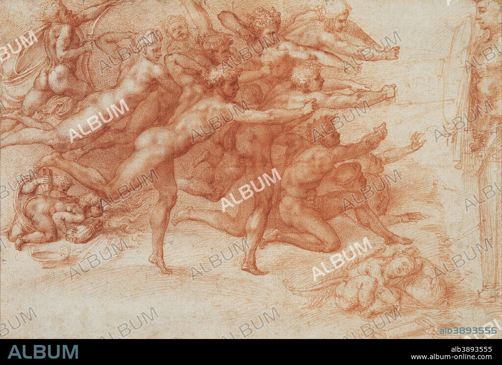 MICHELANGELO. Archers shooting at a herm. Date/Period: Ca. 1530. Drawing. Red chalk (two shades) on paper. Height: 219 mm (8.62 in); Width: 323 mm (12.71 in).