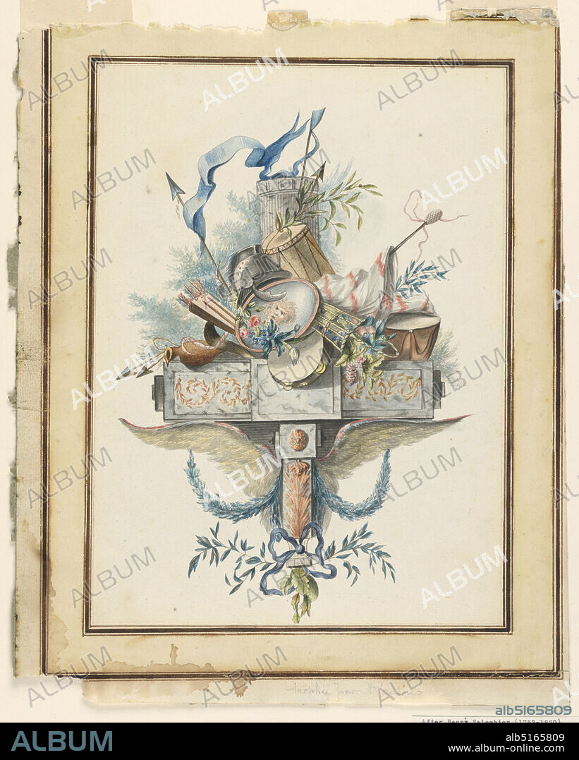 Trophy with Attributes of War and Peace, Henri Salembier, French, 1753 - 1820, Pen and ink with gouache, A bracket with wings suspend garlands and an olive branch. The shelf holds a trophy composed of spears, arrows, helmet, cannon ram-rod, drums, a tambourine, a basket of flowers and a shield with Medusa's head., France, 1790-1800, Drawing, Drawing.