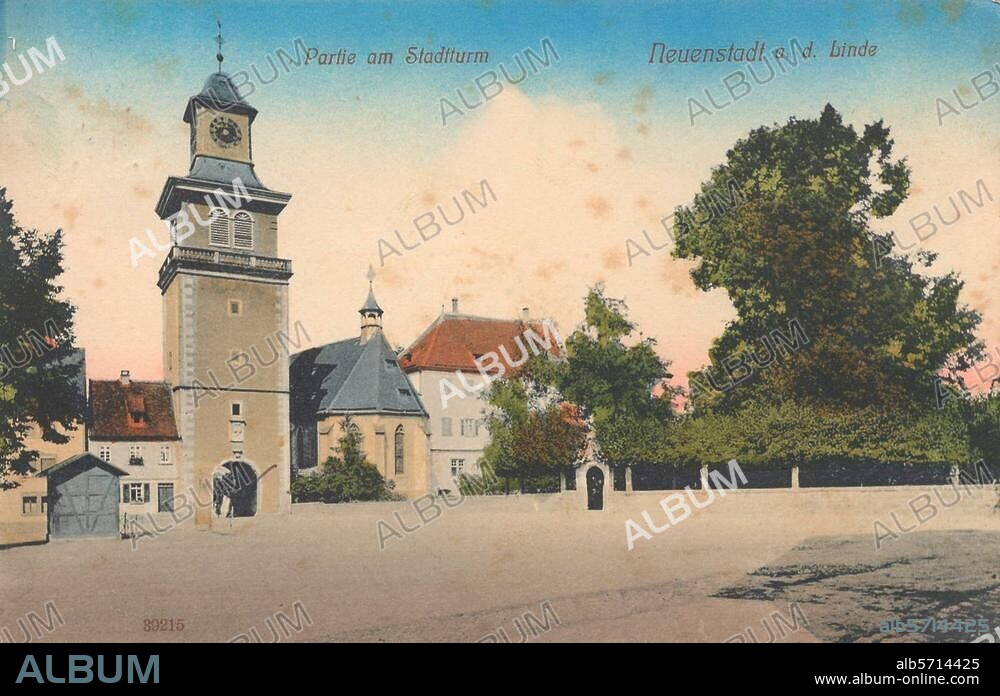 Neuenstadt am Kocher (Baden-Württemberg), Stadtturm. "Partie am Stadtturm / Neuenstadt a. d. Linde". Bildpostkarte (Farbdruck nach kolorierter Photographie), undat. (um 1910). Privatsammlung.