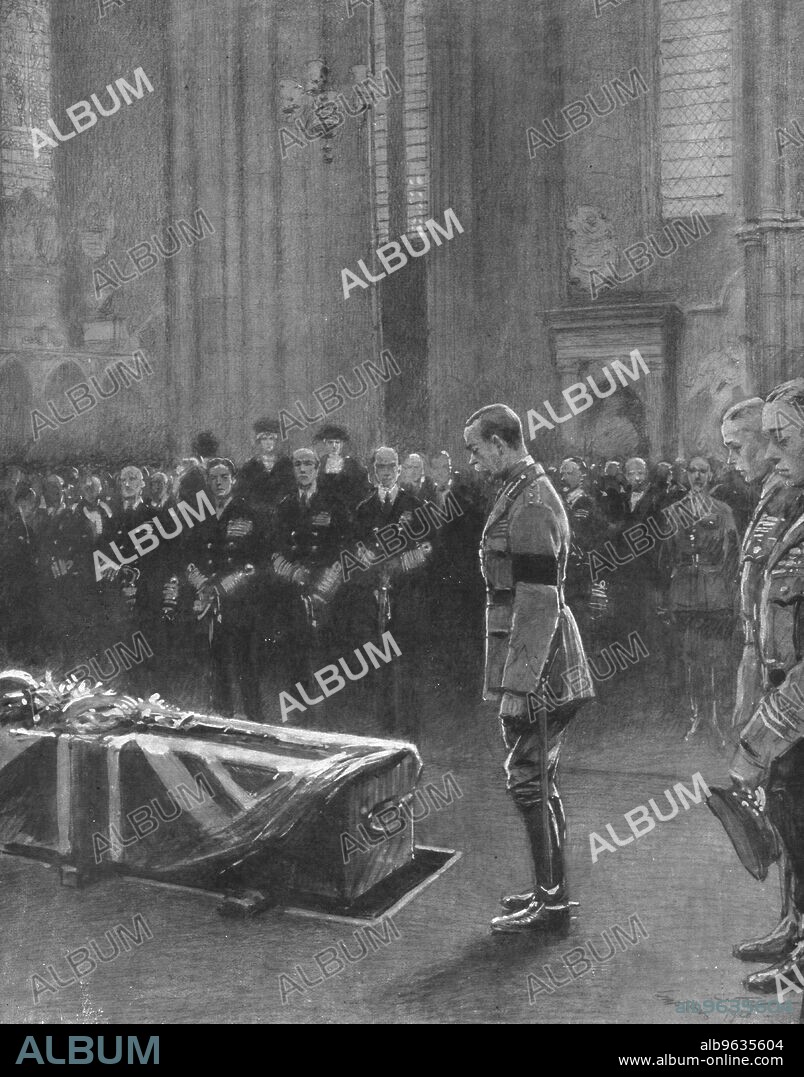 GEORGES BERTIN SCOTT. 'Le "Combattant Inconnu" Britannique; a Westminster: le roi George V et, derriere lui, ses fils, le prince de Galles et le duc d'York, devant le cercueil', 1920. From "L'Album de la Guerre 1914-1919, Volume 2" [L'Illustration, Paris, 1924].