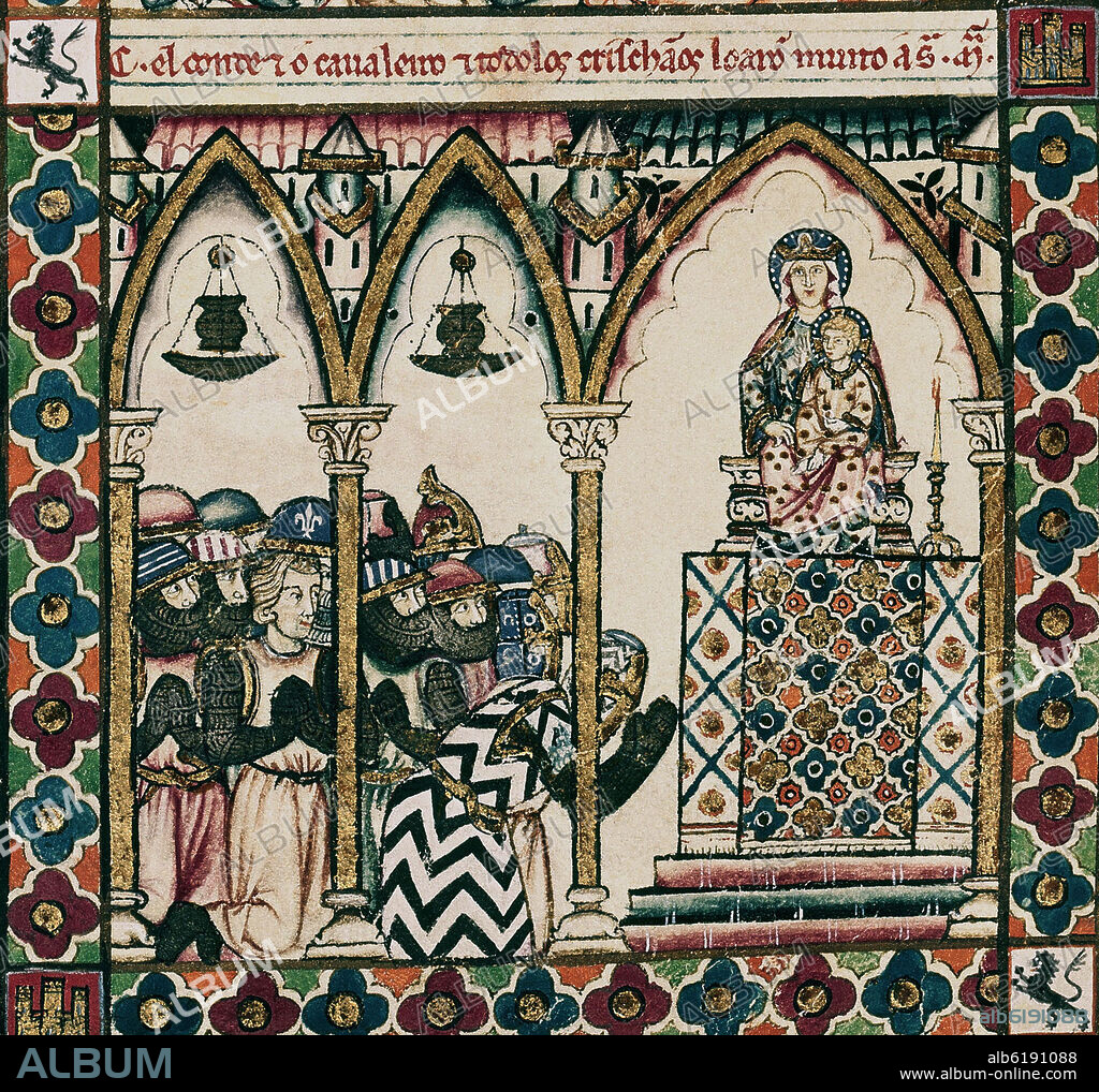 ALPHONSE X DE CASTILLE LE SAGE. MTI1-CANTIGA DE SANTA MARIA Nº63 - F92R - LA VIRGEN SALVA A UN CABALLERO EN LA BATALLA DE SAN ESTEBAN DE GORMAZ - 2ª VINETA DE LA 3ª FILA-Cj 18938.