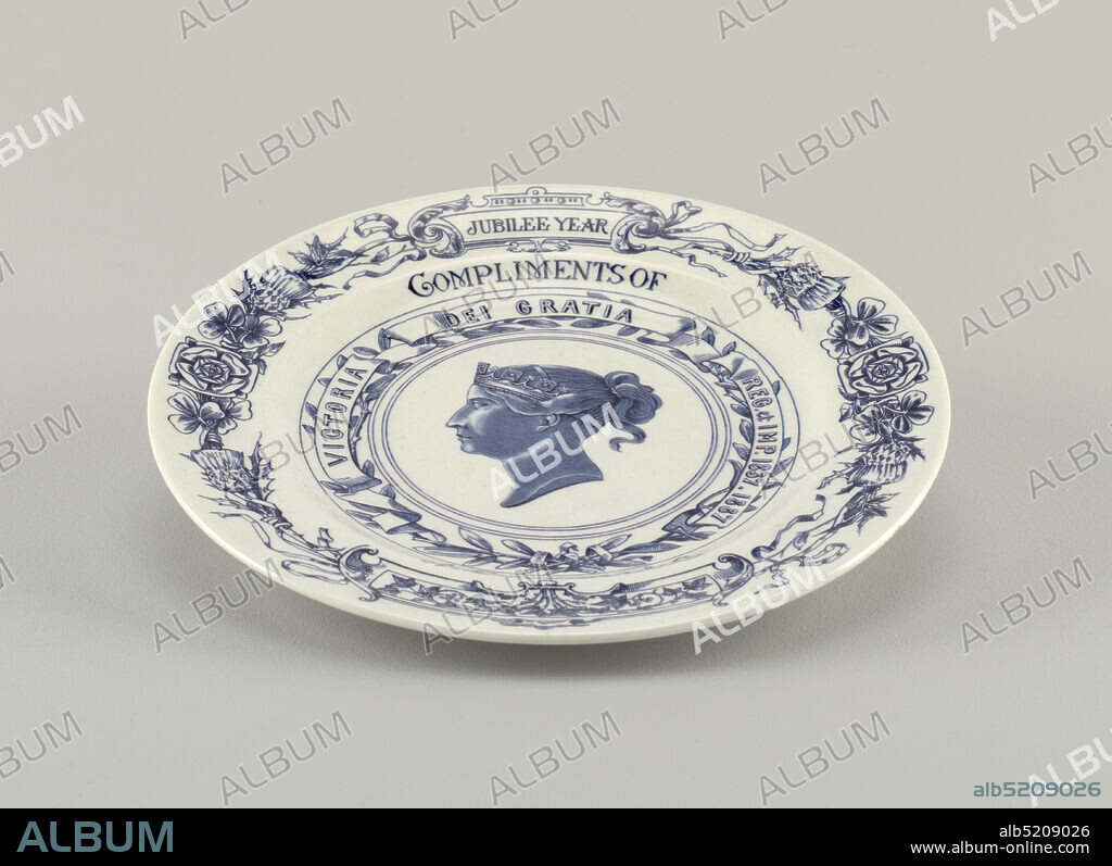 Plate Commemorating the Golden Jubilee of Queen Victoria, Royal Worcester, English, established 1751, hard paste porcelain, vitreous enamel, Circular form, white ground with blue transfer-printed decoration: rim printed with a circle of flowers, thistles and flowing ribbons, and the words 'JUBILEE YEAR'; within rim 'COMPLIMENTS OF A. STOWELL & C' printed above and below a wreath of laurel(?) leaves and a ribbon bearing the phrase 'VICTORIA DEI GRATIA REG. et IMP. 1837. 1887'; in center is a portrait bust of QueenVictoria in profile., England, ca. 1887, ceramics, Decorative Arts, plate, plate.