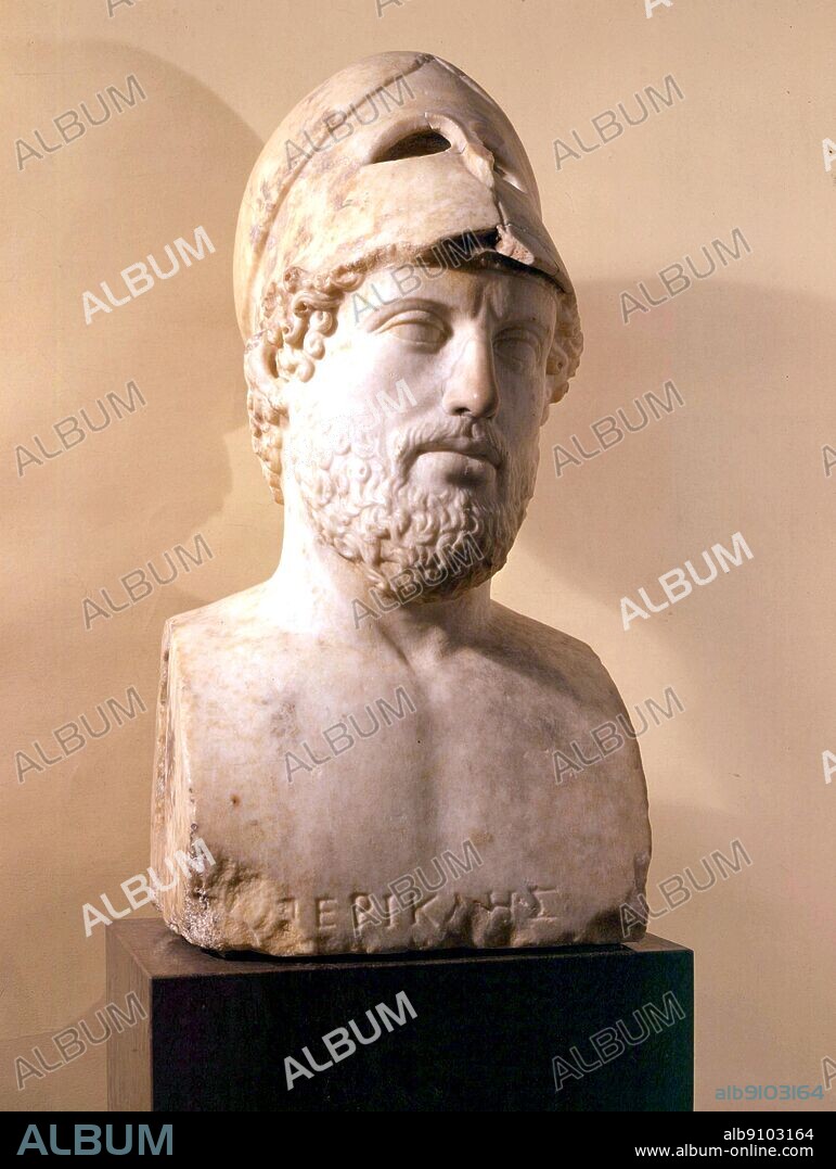 Pericles, the most influential man in Athens at the height of her achievement, wearing a helmet.