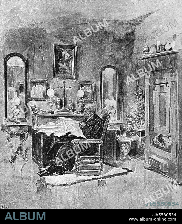 Bismarck, Otto von; Staatsmann. 1815-1898. Bismarck in seinem Arbeitszimmer im Salinenschloß in Bad Kissingen. Nach Zeichnung, 1893, von Joszi Arpad Koppay (geb. 1859). Aus: Zur guten Stunde, III, 1893.