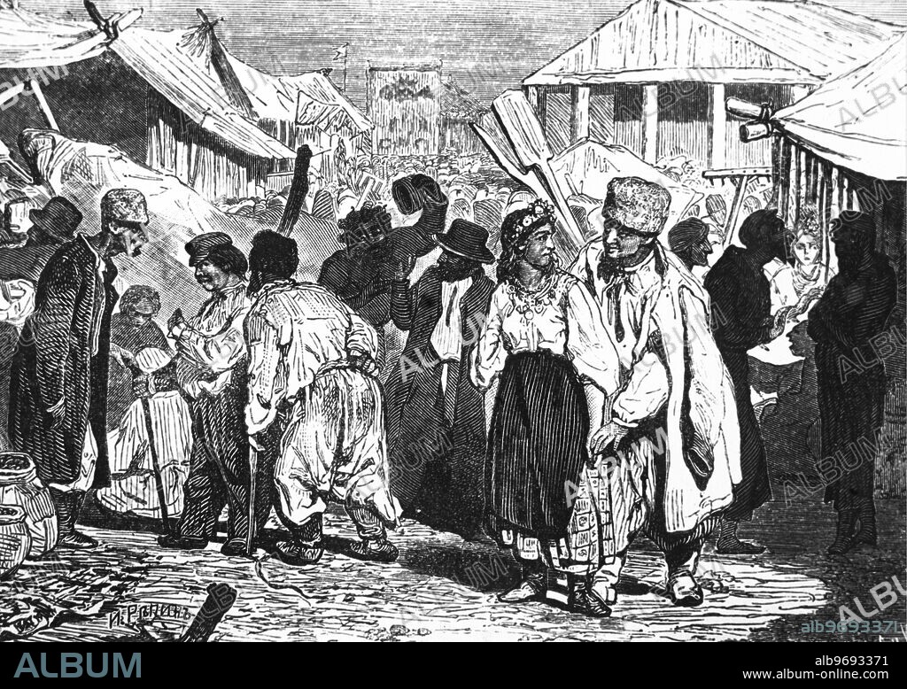 Drawing by I. Repin - At the Fair - from the novel "Sorochinskaya Fair" by Gogol. Nikolai Vasilievich Gogol (1809 - 1852) was a Ukrainian-born, Soviet writer, dramatist, Playwright and publiscist in the tradition of Russian realism. 1870. Supplied By: SCRSS - Society for Co-operation in Russian & Soviet Studies.