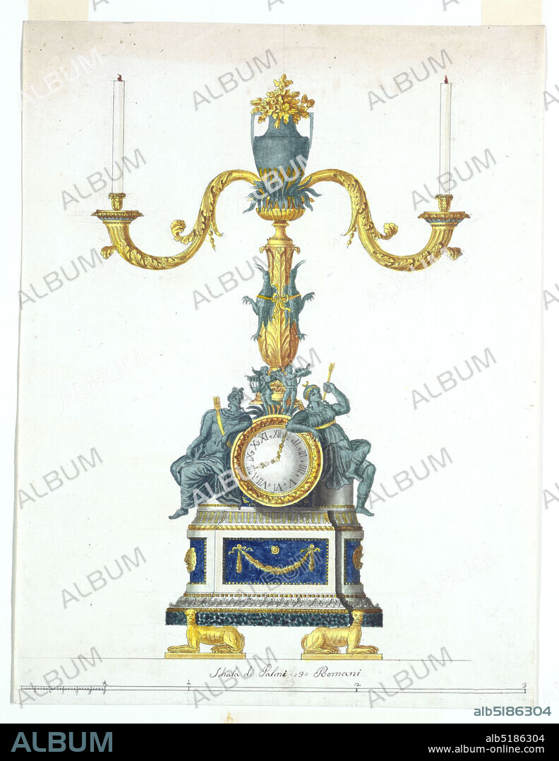Design for a Candlestick with a Clock, Luigi Righetti, Italian, 1780 - 1819, Pen and ink, brush and watercolor, graphite on paper, Vertical rectangle. Design for a candlestick with clock intended to be executed in gilded and green bronze and white and colored marble. Two golden lying dogs at bottom support an oval base. clock situated above between statues of Apollo and Diana, both sitting. Upon the clock are standing two genii respectively holding a lyre and a bow. A column above has on top a large vase with flowers, it is standing in a bowl with leaves, from which two branches for the burning candles are springing. Two cranes are fastened with their backs along the shaft of the column. Scale at bottom., Rome, Italy, late 18th century, timepieces & measuring devices, Drawing, Drawing.