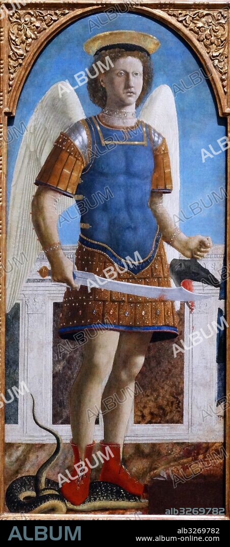 Painting titled 'Saint Michael' by Piero della Francesca, an Italian painter of the Early Renaissance. Dated 15th Century.