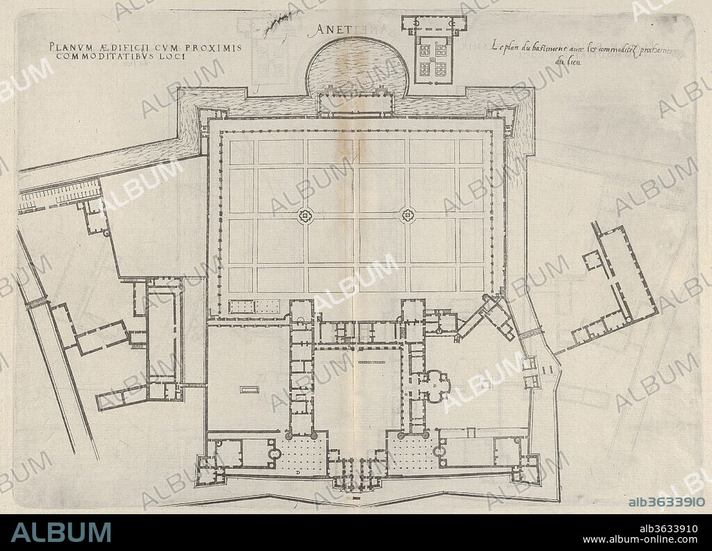 Floorplan of Chateau d'Anet, from Les plus excellents bastiments de France. Artist: Jacques Androuet Du Cerceau (French, Paris 1510/12-1585 Annecy). Dimensions: Sheet: 15 3/4 x 19 11/16 in. (40 x 50 cm)
Image: 9 3/4 x 12 1/16 in. (24.7 x 30.6 cm). Date: 1607.