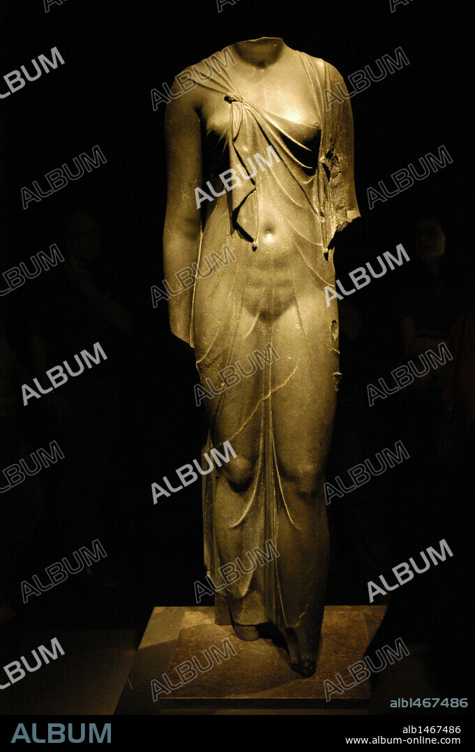 Egyptian Art. Statue of Queen Arsinoe II identified with the Goddess Isis. Ptolemaic period. 4th century B.C. Temporary Exhibition Egypt's Sunken Treasures. Martin Gropius. Berlin. Germany.
