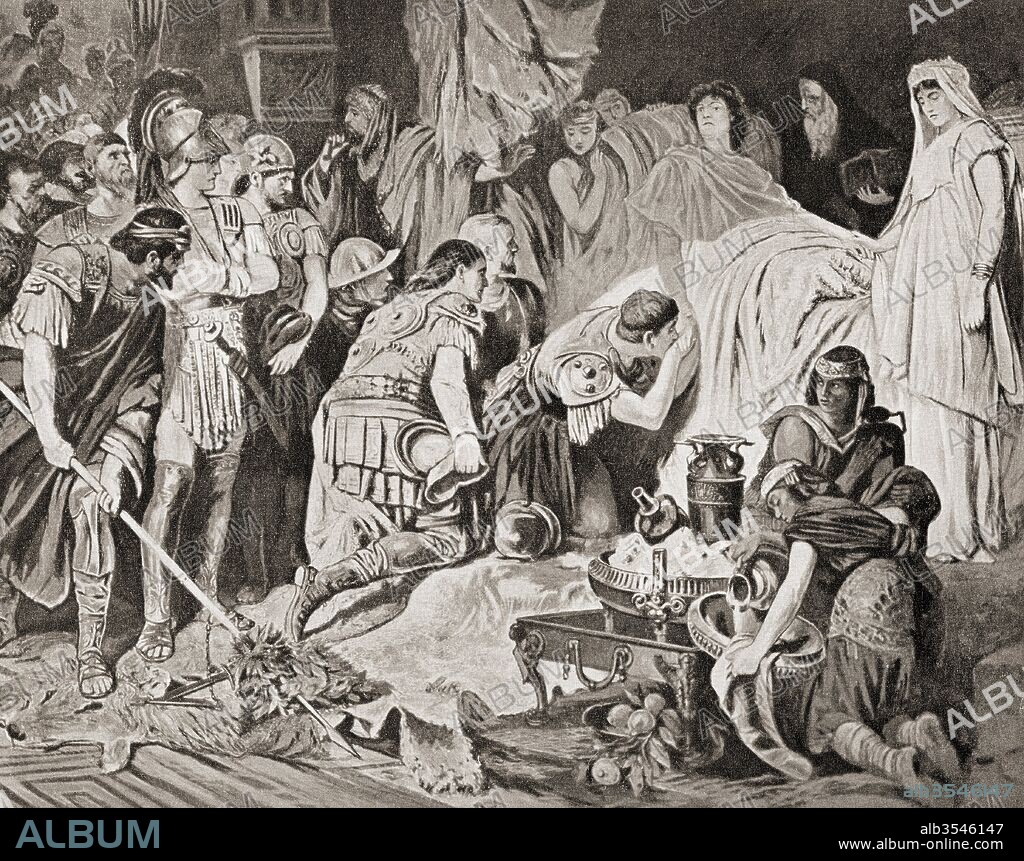 The death of Alexander III of Macedon, 356 BC – 323 BC, aka Alexander the Great. King of the Ancient Greek kingdom of Macedon. From Hutchinson's History of the Nations, published 1915.
