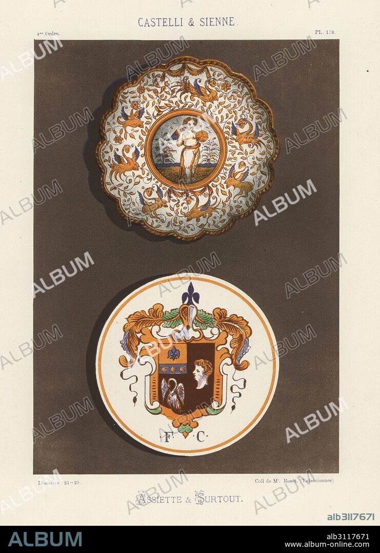 Plate and centerpiece from Castelli and Sienna, Renaissance maiolica ware. Decorated with an angel holding an orb in a border of chimaera and foliage, and heraldic escutcheon with the initials F.C. Hand-finished chromolithograph from Ris Paquot's General History of Ancient French and Foreign Glazed Pottery, Chez l'Auteur, Paris, 1874.