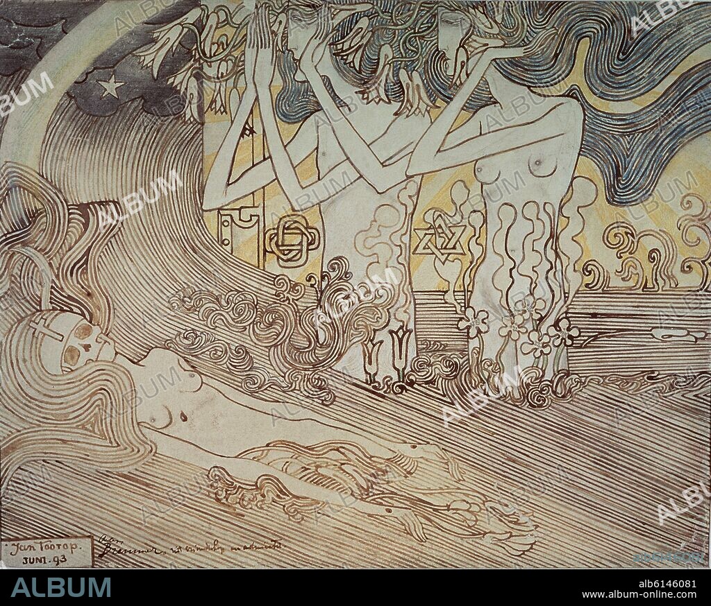 JAN TOOROP. DEAD NUN MOURNED BY CRYING WOMEN - 1893 - DUTCH SYMBOLISM / MODERNISM.