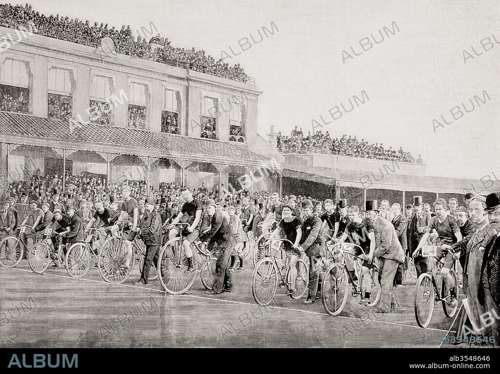 Kennington Oval, London, England. Participants in a ten mile race wait at the starting line c.1892. From La Ilustracion Española y Americana, published 1892.