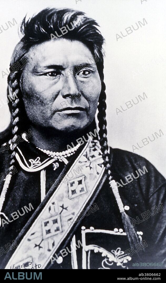Chief Joseph, photographer unknown, no date. Hin-mah-too-yah-lat-kekt, (March 3, 1840 - September 21, 1904) was the leader of the Wal-lam-wat-kain band of Nez Perce who were forcibly removed from their ancestral lands by the Federal government. The Nez Perce who resisted took flight to attempt to reach political asylum and were pursued by the US Army. This 1,170 mile fighting retreat by the Nez Perce in 1877 became known as the Nez Perce War. The skill with which they fought and the manner in which they conducted themselves in the face of incredible adversity led to widespread admiration among their military adversaries and the American public. By the time Joseph surrendered, 150 of his followers had been killed or wounded. Although he had negotiated a safe return home for his people, General Sherman forced Joseph and 400 followers to be taken on unheated rail cars to Fort Leavenworth to be held in a prisoner of war campsite for eight months. He died in September 1904, still in exile from his homeland, according to his doctor "of a broken heart.".