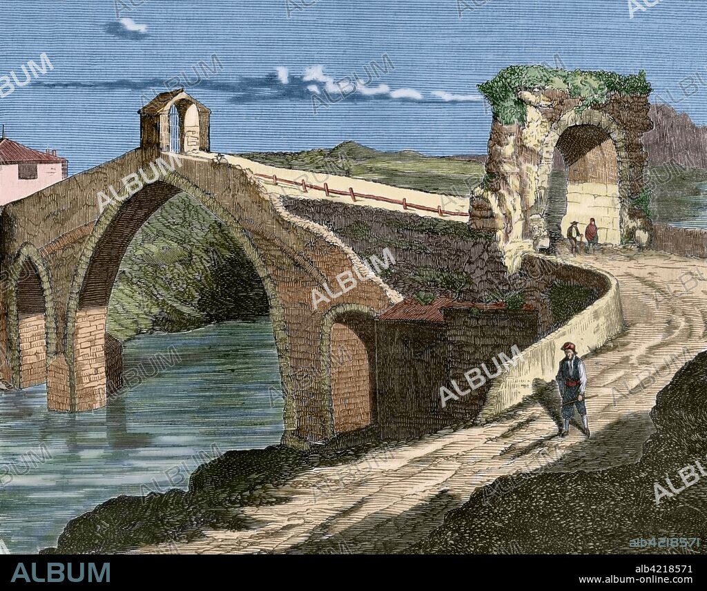 Martorell, provincia de Barcelona, Cataluña, España. Vista del Puente del Diablo. Grabado. Coloreado. Crónica General de España, Historia Ilustrada y Descriptiva de sus Provincias. Cataluña, 1866.