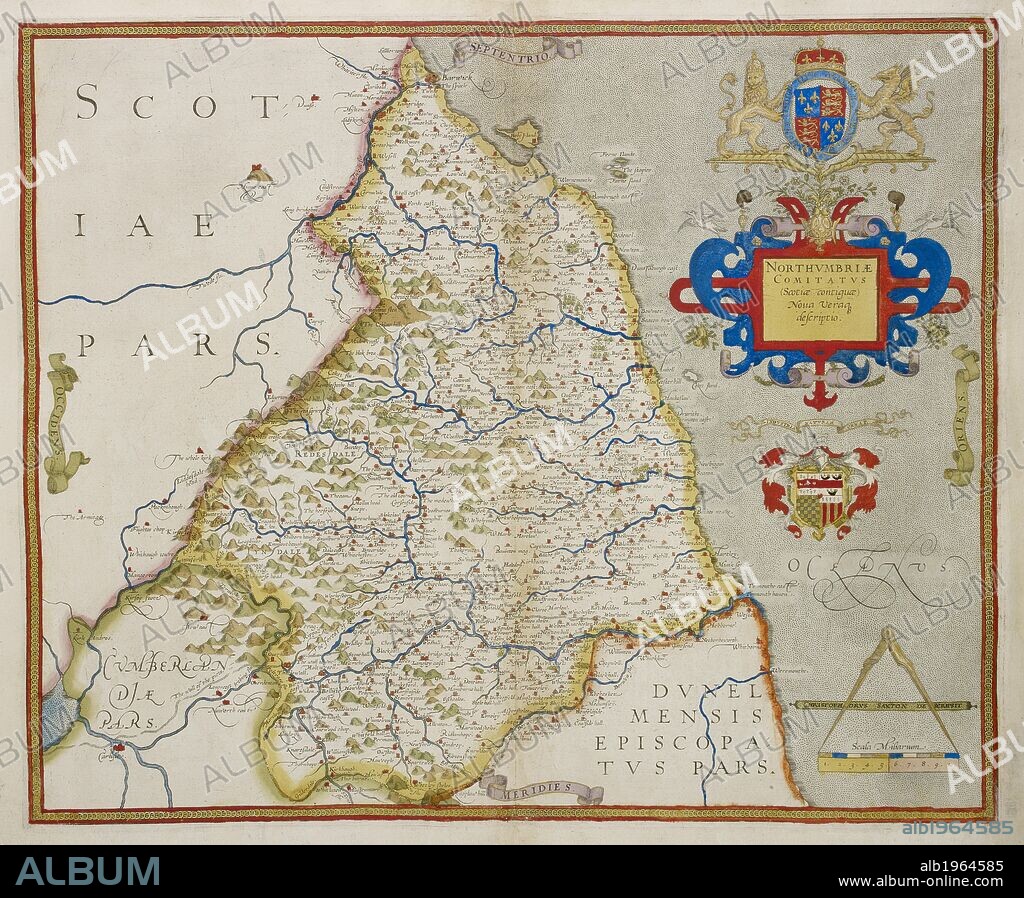 Map of Northumbria. An atlas of England and Wales, containing 35 coloured maps , drawn by Christopher Saxton and engraved by A. Ryther, R. Hogenberg, C. Hogius, N. Reynolds, L. Terwoort and F. Scatter. London, [1574-]1579. Source: Maps.C.3.bb.5.