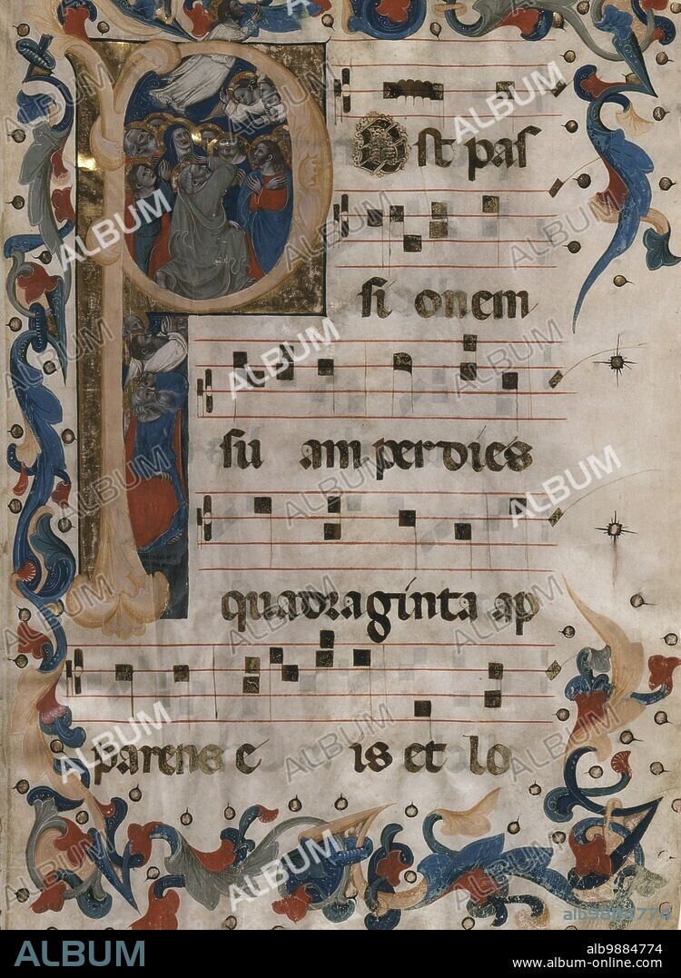 NICCOLÒ DI GIACOMO DA BOLOGNA. Folio from an Antiphonary with Initial P Containing 'The Ascension of Christ', c1365.