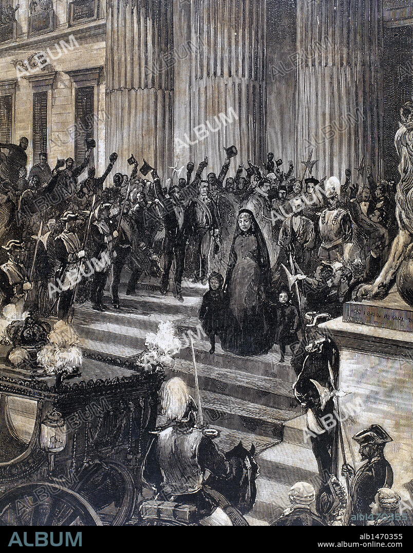 REGENCIA DE MARIA CRISTINA DE HABSBURGO-LORENA (1885-1902). "Su Majestad la Reina Regente a la salida del Congreso (Madrid) ". Grabado de "La Ilustración Española y Americana" (1886) .