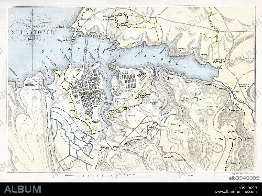 Map showing the Siege of Sevastopol, Crimean War, 1854-1855, (1893). The Siege of Sevastopol, lasted from September 1854 until September 1855. In September 1854, Allied troops (United Kingdom, French and Sardinian) landed in the Crimea and besieged the city of Sevastopol, home of the Tsar's Black Sea fleet which threatened the Mediterranean. An engraving from James Taylor's The Age We Live In: A History of the Nineteenth Century, From the Peace of 1815 to the Present Time, William Mackenzie, (London, 1893).