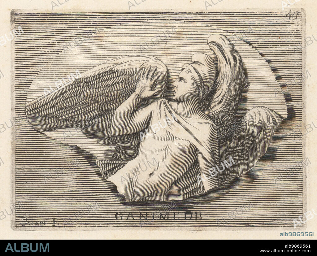 Ganymede or Ganymedes, divine hero from Troy, kidnapped to be Zeus' cupbearer in Olympus. Young man in Phrygian cap and cloak over his shoulder attacked by an eagle (Zeus). From a fragment of an agate gem. Ganimede. Copperplate engraving by after Giovanni Angelo Canini from Iconografia, cioe disegni d'imagini de famosissimi monarchi, regi, filososi, poeti ed oratori dell' Antichita, Drawings of images of famous monarchs, kings, philosophers, poets and orators of Antiquity, Ignatio deLazari, Rome, 1699.