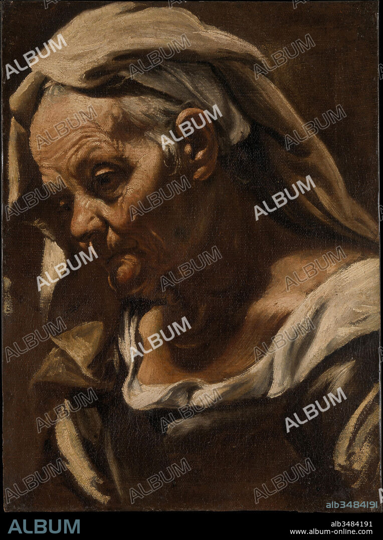 Head of an Old Woman, after 1610, Oil on canvas, 20 7/8 x 15 3/8 in. (53 x 39 cm), Paintings, Orazio Borgianni (Italian, Rome 1578–1616 Rome), Among the most modern seeming pictures of the seventeenth and eighteenth centuries are informal studies of heads in which the artist eschews portraiture in favor of exploring character and expression. In this striking depiction of an old woman lit by a merciless shaft of light, Borgianni seems to give us a meditation on old age and mortality.