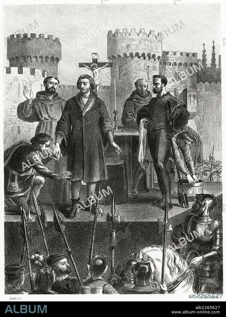 Historia de España. Decapitacion en cadalso público en Valladolid de don Álvaro de Luna (1390-1453), víctima de las intrigas de la segunda esposa del rey Juan II de Castilla, Isabel de Portugal. Grabado de 1872.