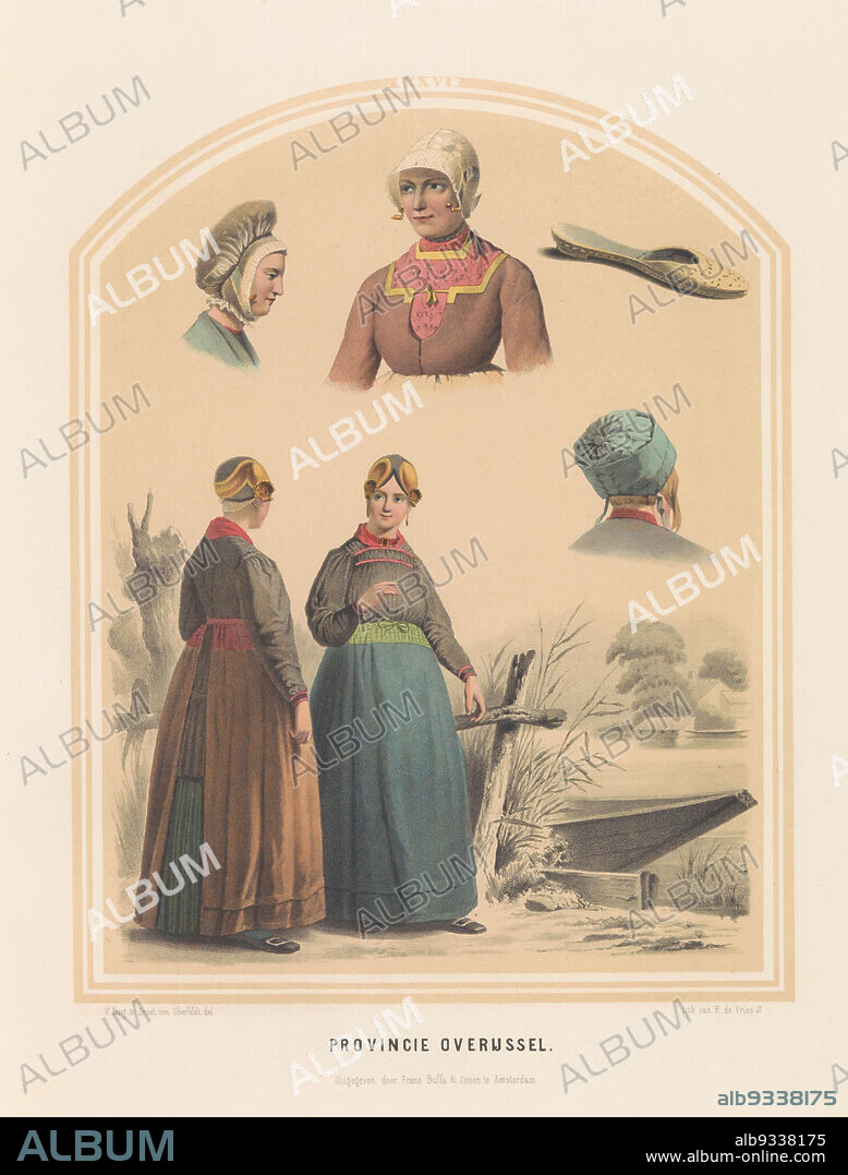 Costume of Overijssel, 1857, Province of Overijssel, XXVI (title on object), Costume of the province of Overijssel. Various separate studies. Illustration in a book of 1857 with 56 plates of Dutch costumes., print maker: Ruurt de Vries (mentioned on object), intermediary draughtsman: Jan Braet von Uberfeldt (mentioned on object), print maker: Netherlands, intermediary draughtsman: Netherlands, intermediary draughtsman: Netherlands, publisher: Amsterdam, 1857, paper, height 523 mm × width 350 mm.