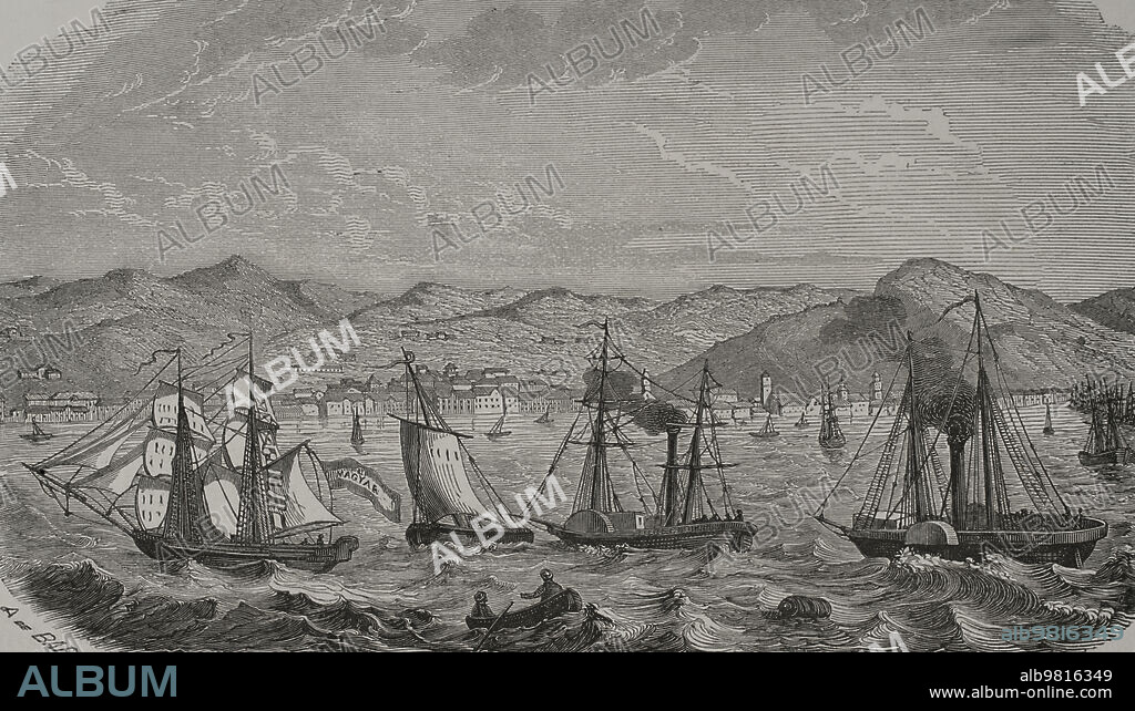 Dalmacia, siglo XIX. Puerto de Fiume (actual Rijeka, Croacia). Ciudad creada como puerto franco en 1723. Durante los siglos XVIII y XIX su soberanía estuvo en manos de la Austria de los Habsburgo, Croacia y Hungría. En 1919, fuerzas militares italianas al mando del poeta Gabriele D'Annunzio, formadas por tropas de bajo rango, ocuparon la ciudad de Fiume, estableciéndola como Estado soberano y creándose el Estado Libre de Fiume (1920-1924). Grabado por A. de Bar. "Los Héroes y las Grandezas de la Tierra". Tomo V. 1855.
